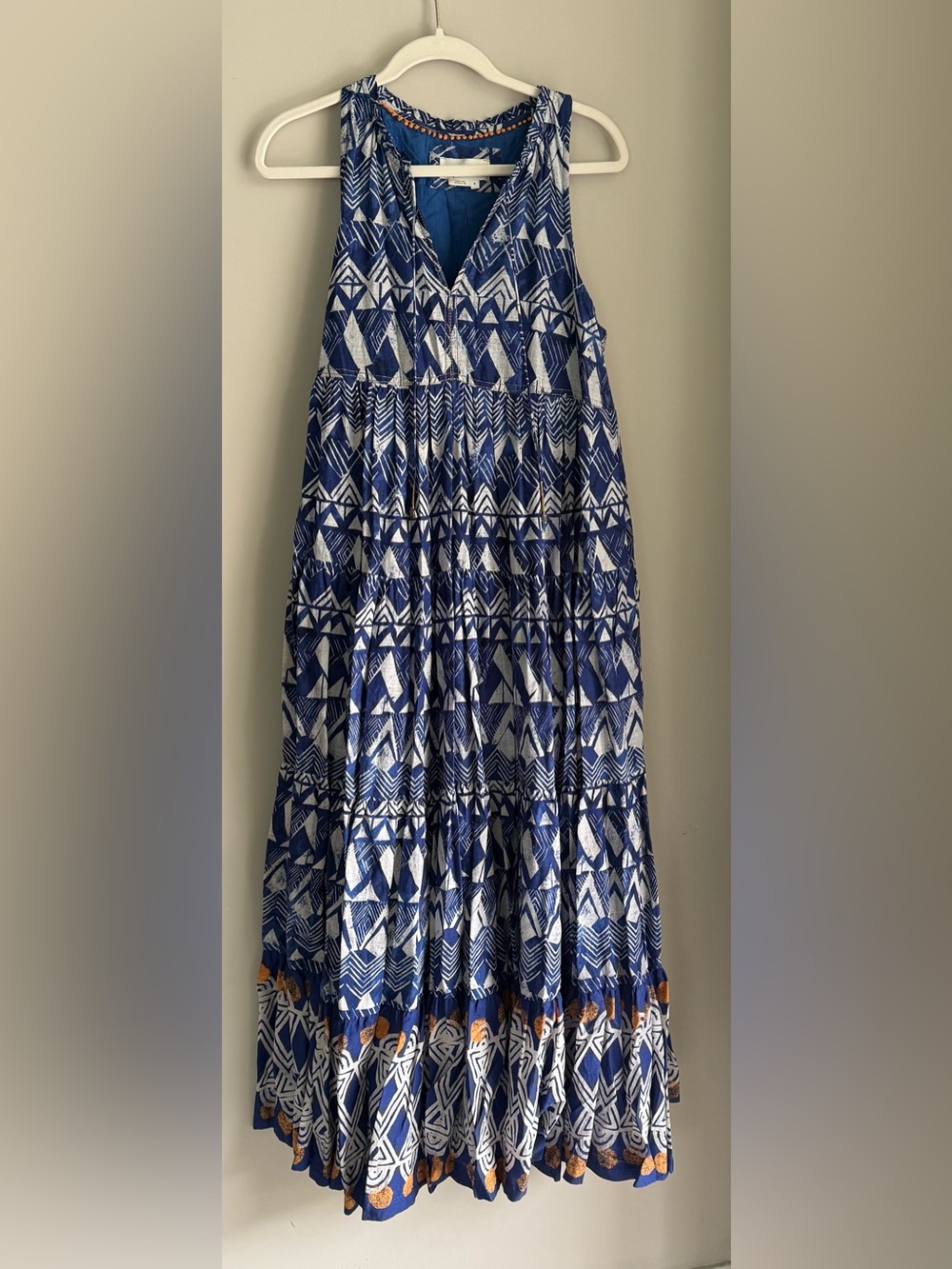 By Anthropologie Blue and White Tiered Maxi Dress-Medium